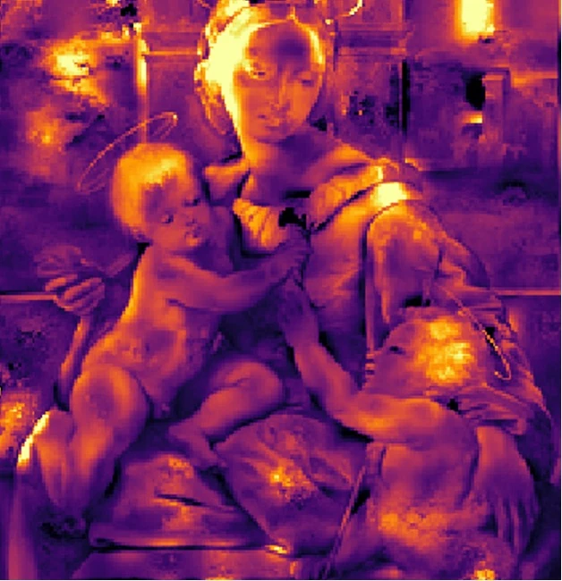 Thermal image of a historic painting showing a seated figure with two children